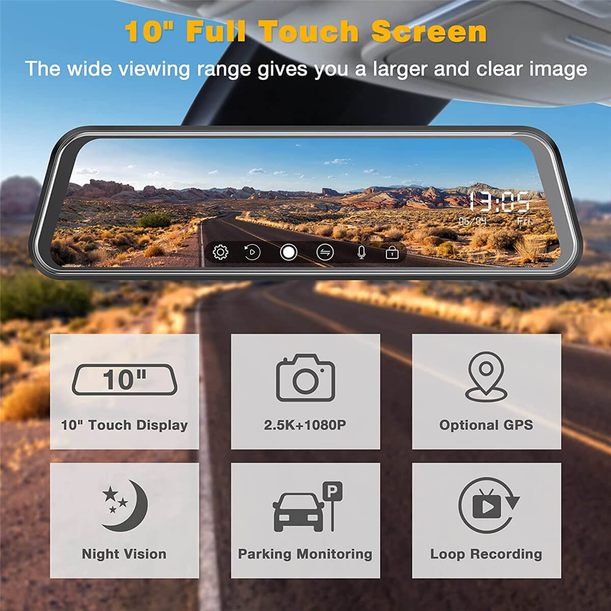 2.5K Mirror Dash Cam Car,10 in Rear View Mirror Camera Night Vision Full Touch Screen Waterproof Reverse Backup Camera,Dual Dash Camera Front and Rear Parking Assist,Loop Recording, G - Sensor - AMGUR
