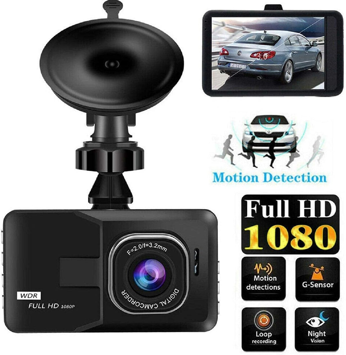 Car Dash Cam Full HD 1080P Car DVR Dashboard Camera with 170°Wide Angle, WDR, G - Sensor, Loop Recording and Motion Detection - AMGUR