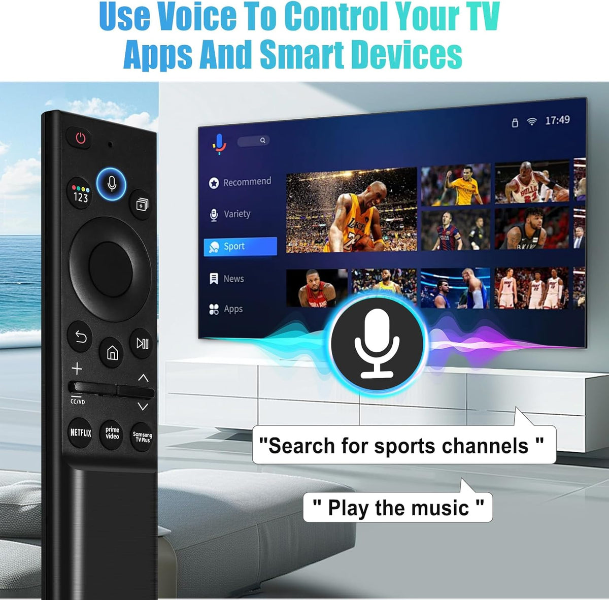 Premium Design Eco Solar Charger TV Remote Control for Samsung Smart TVs Neo QLED, The Frame and Crystal UHD Series 4K TV Remote with Voice Control (BN59 - 01357A) - AMGUR